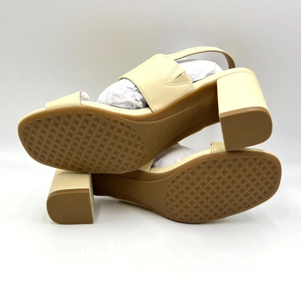 Aerosoles Womens Size 7.5 Emmex‎ Cream Beige Slingback Block Heels Sandals Shoes